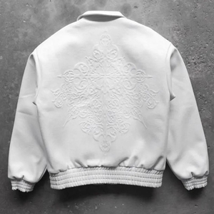 <b>White</b> PU Bomber <b>Jacket</b> <b>Men</b> Casual Embossed Floral Design Turn-down Collar Zipper Closure Regular Fit Autumn Wear - Product Image 4