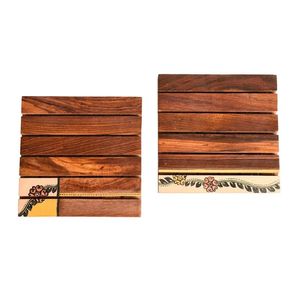 Wooden Rectangle <b>Coasters</b> <b>Set</b> with Floral Design Heat Resistant Table Mats for Tea and Coffee - Product Image 3