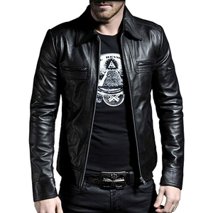 Veste moto en cuir véritable pour homme, col rabattu, fermeture éclair, coupe ajustée, tenue décontractée d'automne, noir - Product Image 1