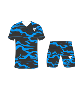 Custom sublimated <b>soccer</b> uniform set for men with black and blue camouflage pattern print jersey and matching shorts - Product Image 4