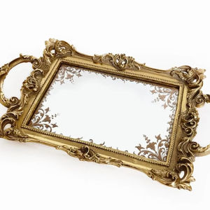 <b>Vintage</b> Mirrored Tray with Floral Decor Vanity Tray <b>Mirror</b>, Handled <b>Mirror</b> Tray Golden <b>Mirror</b> - Product Image 1