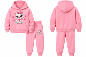 Ensemble jogging personnalisé pour filles, imprimé chat rose, sweat-shirt en molleton, ensemble deux pièces, survêtement décontracté pour enfants - Product Image 2