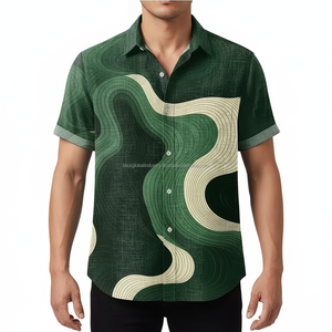 Camisa Casual de Verano para Hombre, Diseño Personalizado ODM, Transpirable, Ligera, con Estampado 3D de Ondas Abstractas, Verde Vintage - Product Image 3