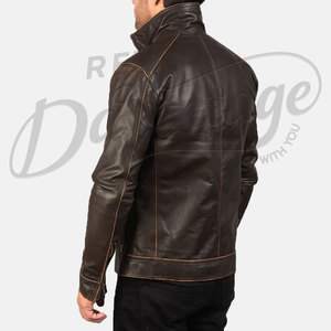 Chaqueta de Cuero Verde Esmeralda para Hombre, Corte Ajustado, Piel de Oveja Auténtica, Estilo Motero, Cuello Mao, para Otoño e Invierno - Product Image 2