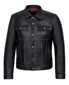 Veste en cuir véritable noire pour homme, col rabattu, fermeture à boutons, manches régulières, couleur unie, vêtement d'automne - Product Image 6