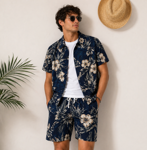 Men's Casual Summer Shirt 300Grams Breathable Anti-Pilling Satin Fabric Short Sleeve Floral Printed Design satin 100% polyester - Product Image 1