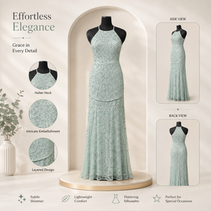 Women Mint Green Beaded Halter Neck Maxi Dress Sleeveless Embellished Evening Gown Elegant Wedding Party Prom Formal Occasion - Product Image 4
