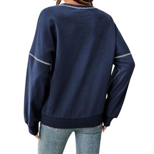 Sudadera de Forro Polar Azul Marino Personalizada para Mujer, Cuello Redondo Relajado, Manga Larga, Estilo Casual, Prenda Superior Contemporánea para Dama - Product Image 2