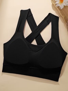 Women <b>Cross</b> Back Sports Bra Mesh Vent Scoop Neck Workout Crop <b>Top</b> Crisscross Straps Seamless Gym Bralette Removable Padded Vest - Product Image 3