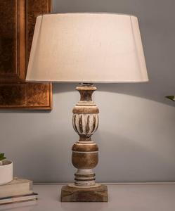 Farmhouse Wood Table Lamp with White Linen Drum Shade Warm White <b>Light</b> for Bedroom Decorative <b>Lighting</b> - Product Image 1