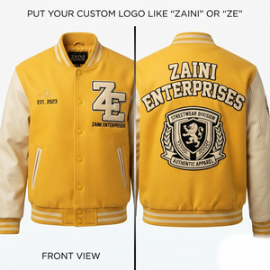 Veste varsity coupe-vent en mélange de laine ZAINI Premium 500 GSM, couleur moutarde, avec empiècements, logo brodé en chenille personnalisé, unisexe - Product Image 1