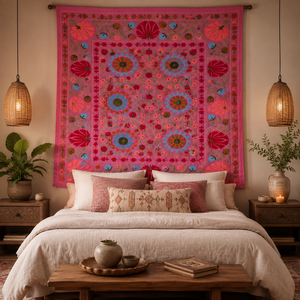 Couvre-lit artisanal en coton Suzani, broderie florale multicolore lavande, style bohème indien, décoration ethnique pour la maison - Product Image 5