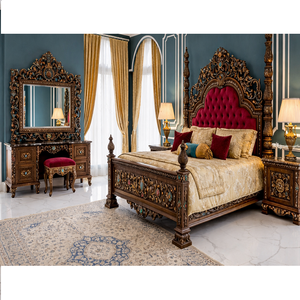 Juego de Muebles de Dormitorio Modernos y Duraderos, Tallados a Mano en Europa, Personalizables, Cama de Madera de Teca Marrón, Tamaño Completo, Cómoda y Mesitas de Noche - Product Image 1