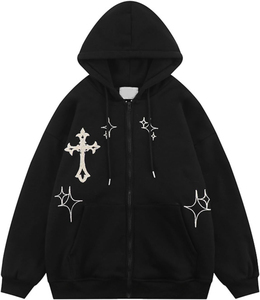 Sweat à capuche zippé noir gothique brodé croix pour homme, coupe oversize, tricot de coton, style streetwear automne - Product Image 1