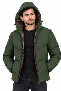 Chaqueta acolchada con capucha verde para hombre, abrigo grueso de plumón con forro de piel sintética, ropa de abrigo de invierno con cremallera - Product Image 5