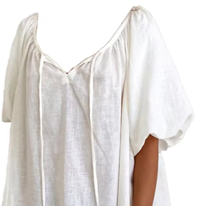 White <b>Linen</b> V-Neck Sleep <b>Top</b> With Drawstring Closure Short Sleeve Casual Women Summer Breathable Knee Length Sleepwear - Product Image 2