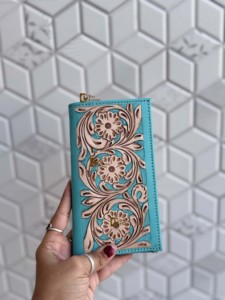 Hottest Arrival Genuine Leather Men's Long Wallet Hand Tooled Carving Fashion Stylish Turquoise <b>Colour</b> Cash <b>Card</b> Holder Unisex - Product Image 1