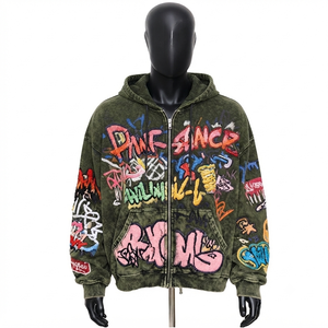 Sweat à capuche zippé oversize pour homme, style streetwear, en molleton, effet délavé à l'acide, brodé graffiti, coupe droite, style automne - Product Image 1