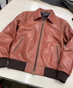 Blouson aviateur en cuir véritable marron pour homme, col rabattu, fermeture éclair, coupe décontractée, automne - Product Image 4