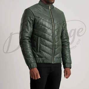 Blouson Homme Vert Foncé en Similicuir Matelassé Style Bomber Col Montant Coupe Slim Décontracté Motard - Product Image 5