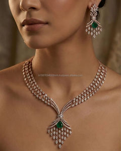 Luxury Bridal Diamond <b>Necklace</b> Set with Matching Earrings and Green Drop Pendant in Rose Gold, Elegant Wedding <b>Statement</b> Jewelry - Product Image 1