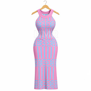 HMR Sorority Sisterhood Pink Geometric Print Halter <b>Maxi</b> Dress <b>Women</b> Sleeveless Knitted Long Bodycon Sexy Club Style - Product Image 5