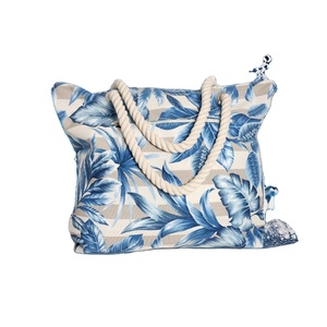 Sac à main à motif de feuilles tropicales bleues pour femmes, sac à bandoulière en corde de chanvre POD Dropship, sac de plage spacieux et durable pour femmes - Product Image 1