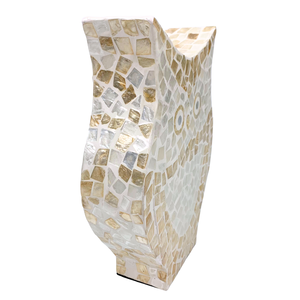 Sculpture en MDF en forme de grand hibou avec motif mosaïque en incrustation de capiz beige, figurine animale faite à la main pour Halloween et décoration de la maison - Product Image 5