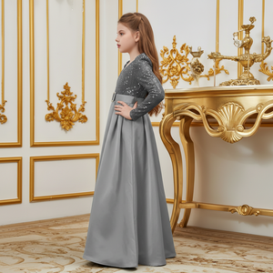 ชุดเดรสเด็กผู้หญิงสีเทา คอวี ประดับเลื่อมพรีเมียม ปักลายกำมะหยี่ ผ้าทูลล์หนา สำหรับงานเลี้ยงวันเกิดและงานแต่งงาน - Product Image 6