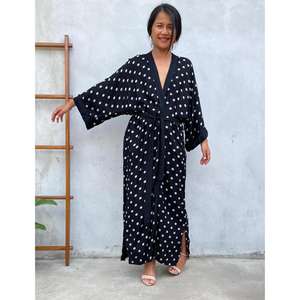 Vestido Kaftán Holgado con Cinturón, Cuello en V, Cintura Natural, Estampado de Puntos Negros, Ecológico, para Mujer, Ropa Casual de Resort - Product Image 1