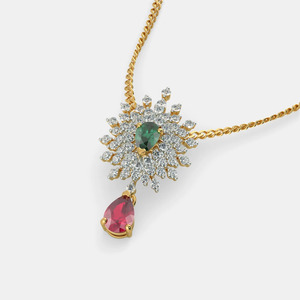 Yellow Gold Emerald <b>Ruby</b> Floral Halo Lab Grown Diamond Pendant <b>Necklace</b> - Product Image 6