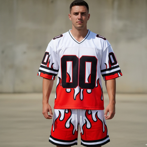 Men's <b>Flame</b> Print Football Jersey Set White Red Black V-Neck Quick Dry Sporty Summer Wear Sublimation Printed - Product Image 1