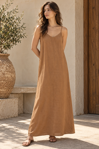 Robe longue beige en lin et coton pour femme, bretelles spaghetti, coupe trapèze, tissée, ample, pour les vacances et tenue décontractée - Product Image 3