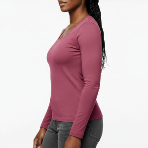 T-shirt à manches longues et col rond pour femme, coupe ajustée, en coton doux extensible, uni, décontracté, personnalisable, OEM, vente en gros, usine du Pakistan - Product Image 3