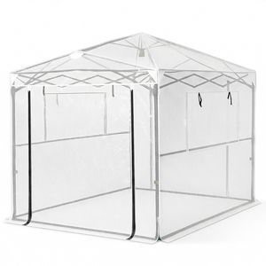 Serra Pieghevole 8x6ft in Rete PE con Struttura in Ferro Verniciato Bianco e Tettoia in Plastica per Giardino e Coltivazione - Product Image 6