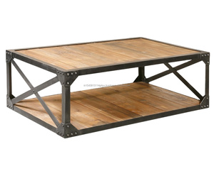 Mesa de centro de madera maciza de diseño industrial moderno con marco de hierro acabado natural y color negro para muebles de sala de estar para el hogar - Product Image 1