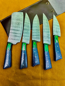 Ensemble de couteaux en acier Damas 5 pièces, acier au carbone 96 couches, finition satinée, manche en résine, lame droite ambidextre, couteaux de chef tranchants - Product Image 1