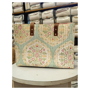 Premium Handmade Bohemian Hand Block Print Quilted Multi Pocket Cotton Tote <b>Bag</b> Floral Pattern Brown Leather Handles All Season - Product Image 4