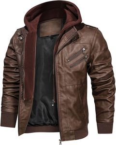Men Brown PU Leather Moto <b>Biker</b> <b>Jacket</b> Hooded Zipper Front Solid Color Autumn Slim Fit Regular Sleeve - Product Image 4