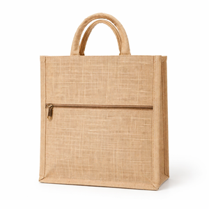 Sac fourre-tout utilitaire en jute naturel avec poche avant zippée, biodégradable, réutilisable, pour le marché, le transport, les courses, robuste et rembourré - Product Image 1