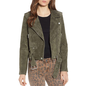 Olive Green <b>Suede</b> Moto <b>Jacket</b> Full Sleeve Turn-down Collar Zipper Closure Autumn Regular Fit Solid Color Women's <b>Jacket</b> - Product Image 1