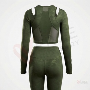 Conjunto de 2 Piezas para Mujer, Camuflaje, Manga Larga, Top Corto con Aberturas, Leggings de Cintura Alta, para Yoga - Product Image 2