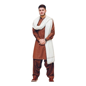 Ensemble Kurta Shalwar en coton marron pour homme avec châles blancs, tenue décontractée traditionnelle, longueur cheville, coupe régulière, toutes saisons - Product Image 1