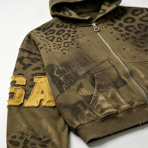 Men's Vintage Leopard Print <b>Zip</b> Up <b>Hoodie</b> Applique Letter Hooded Sweatshirt with Kangaroo <b>Pocket</b> - Product Image 1