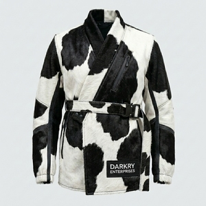 DARKRY ENTERPRISES Men's Faux Fur Cow Print <b>Jacket</b> <b>Mandarin</b> <b>Collar</b> Belted Streetwear Winter Coat - Product Image 1