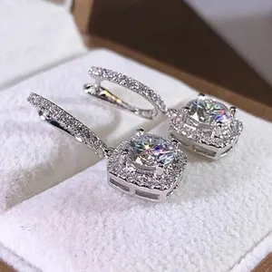 Moissanite Drop <b>Earrings</b> 925 Silver White <b>Gold</b> Plated Square Halo <b>Dangle</b> Luxury Women Jewelry - Product Image 1