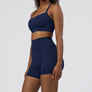 Women's Navy Blue Seamless Yoga Legging Spaghetti Strap Scoop <b>Neck</b> <b>Light</b> Support Solid Color Breathable Front Logo Activewear - Product Image 4