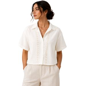 Camisa Corta Blanca Bordada Personalizada para Mujer, Blusa Casual de Verano con Botones y Manga Corta, Top de Moda con Logotipo Personalizado en Mezcla de Lino - Product Image 1