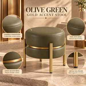 Olive Green Padded Accent <b>Stool</b> Gold Trim Metal Base Round Upholstered Seating Furniture for Living Room <b>Bedroom</b> Lounge | Modern - Product Image 5