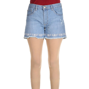 Women's Fashion Casual Denim Jean Shorts Plus Size Cotton Jeans Pants with Print Blue Logo on Waist Cheap Price for Summer - Product Image 1